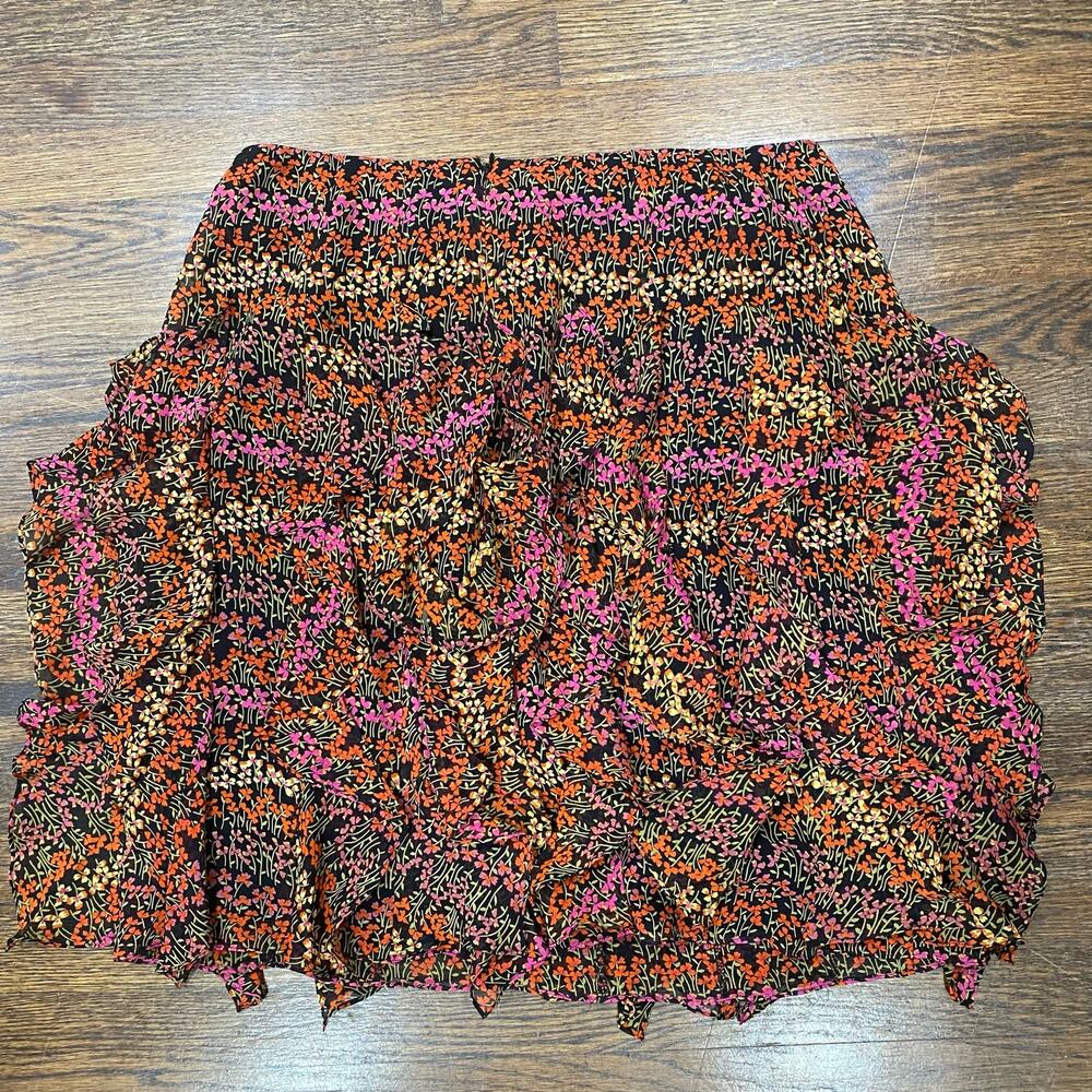 Kay Unger Floral Print Ruffle Mini Skirt Size 14 Silk Chiffon Below Knee Length